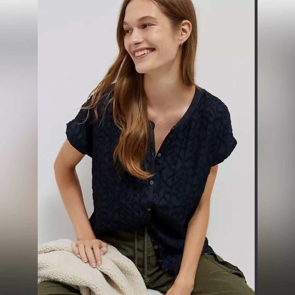 Anthropologie Tiny Niemh Textured Buttondown Blouse Navy Blue